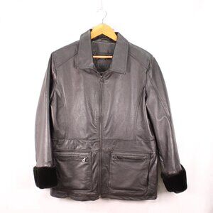 Jessica by Sears Black Leather Coat Faux Fur Cuffs Ladies Size XL